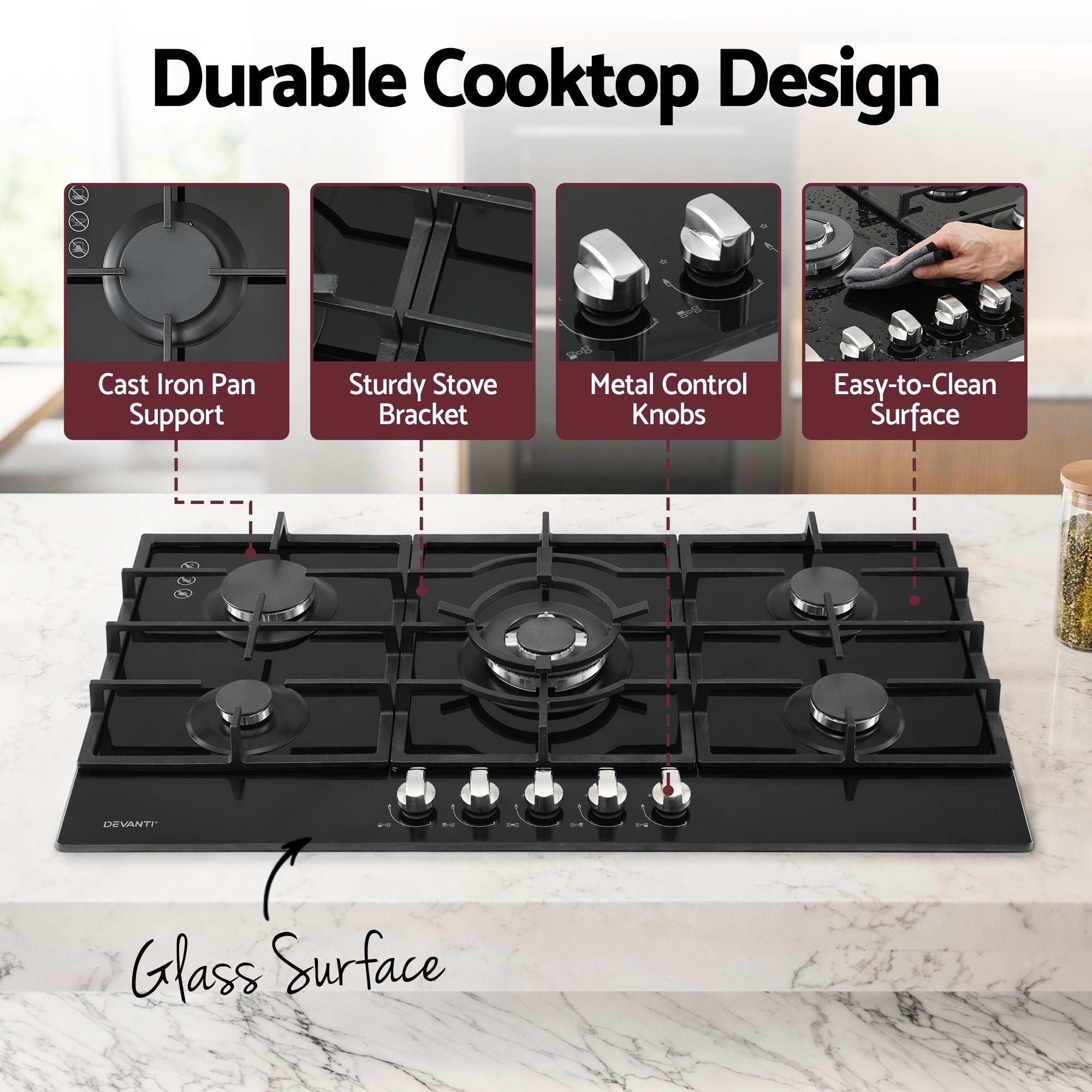 90cm Gas Cooktop 5 Burner – Tempered Glass LPG/NG Triple Crown Black