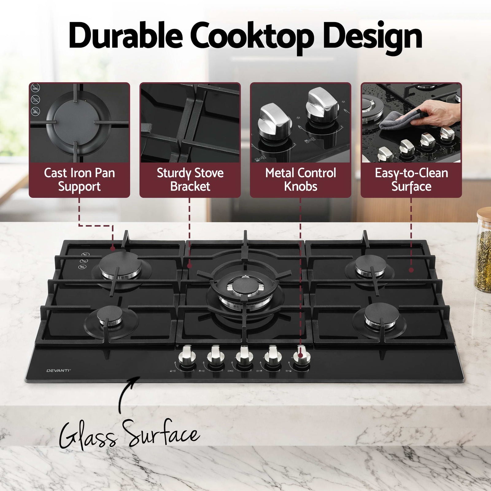 90cm Gas Cooktop 5 Burner – Tempered Glass LPG/NG Triple Crown Black