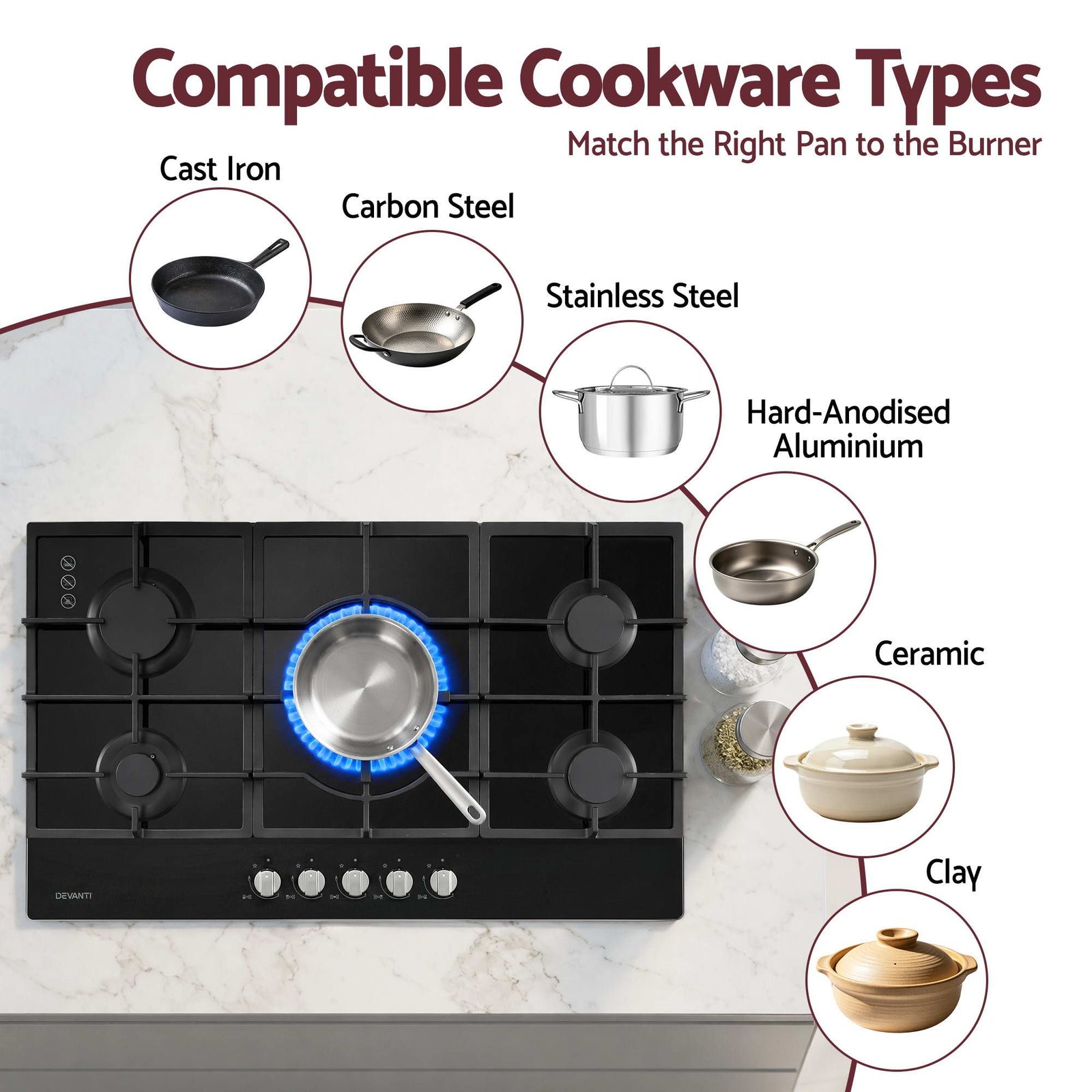 90cm Gas Cooktop 5 Burner – Tempered Glass LPG/NG Triple Crown Black