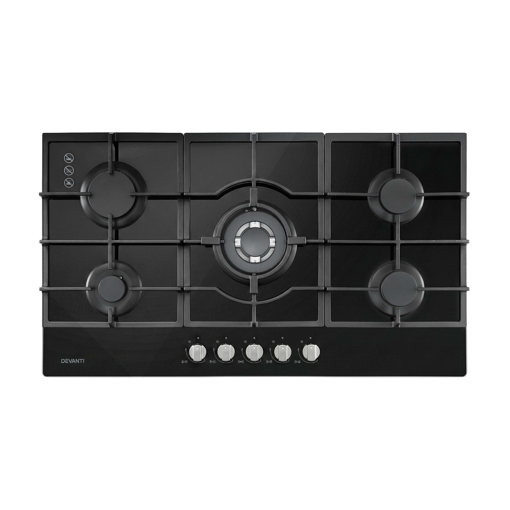 90cm Gas Cooktop 5 Burner – Tempered Glass LPG/NG Triple Crown Black