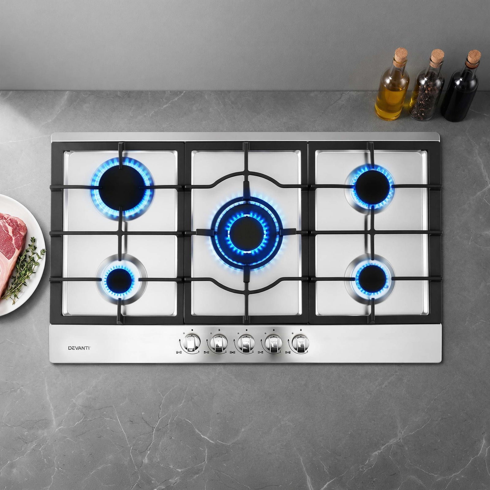 90cm Gas Cooktop 5 Burner – Stainless Steel LPG/NG Triple Crown Silver