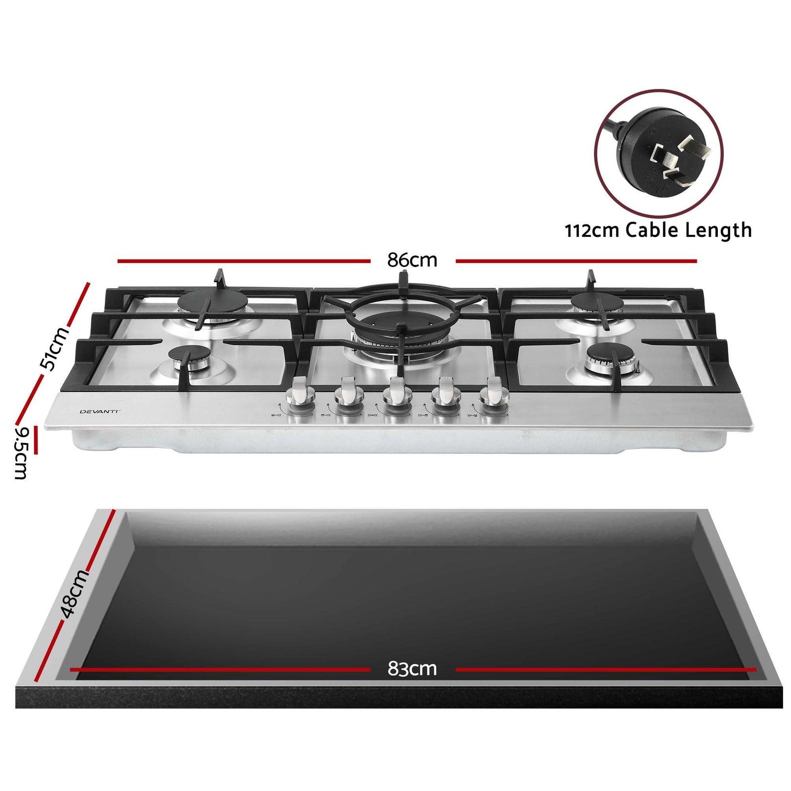 90cm Gas Cooktop 5 Burner – Stainless Steel LPG/NG Triple Crown Silver