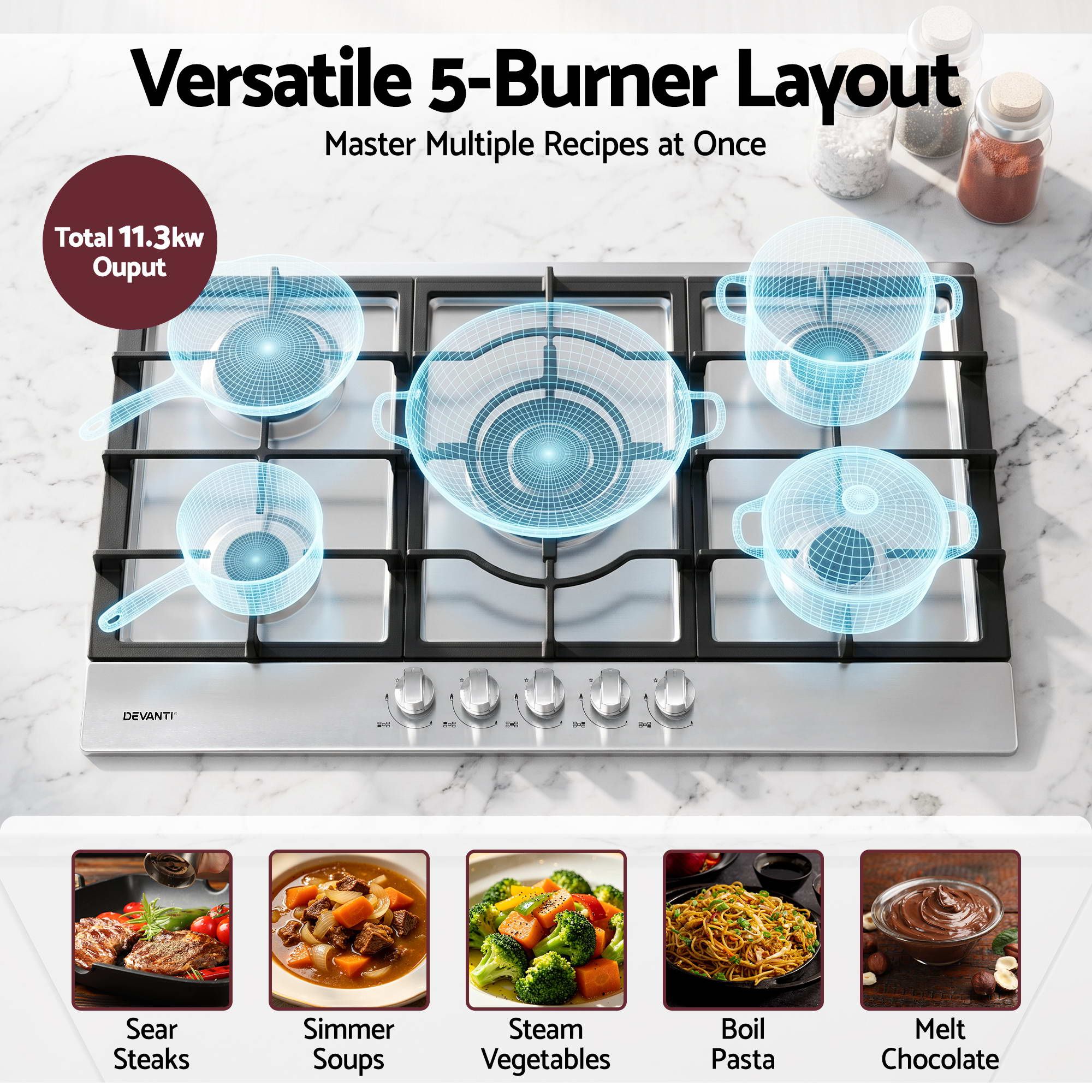 90cm Gas Cooktop 5 Burner – Stainless Steel LPG/NG Triple Crown Silver