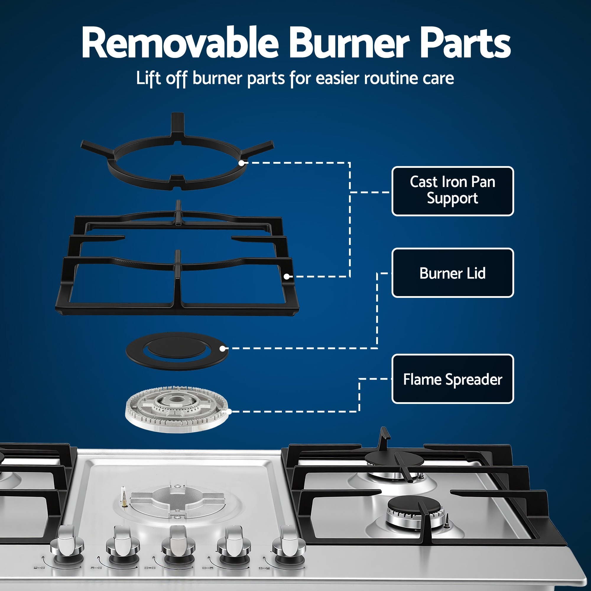 90cm Gas Cooktop 5 Burner – Stainless Steel LPG/NG Triple Crown Silver