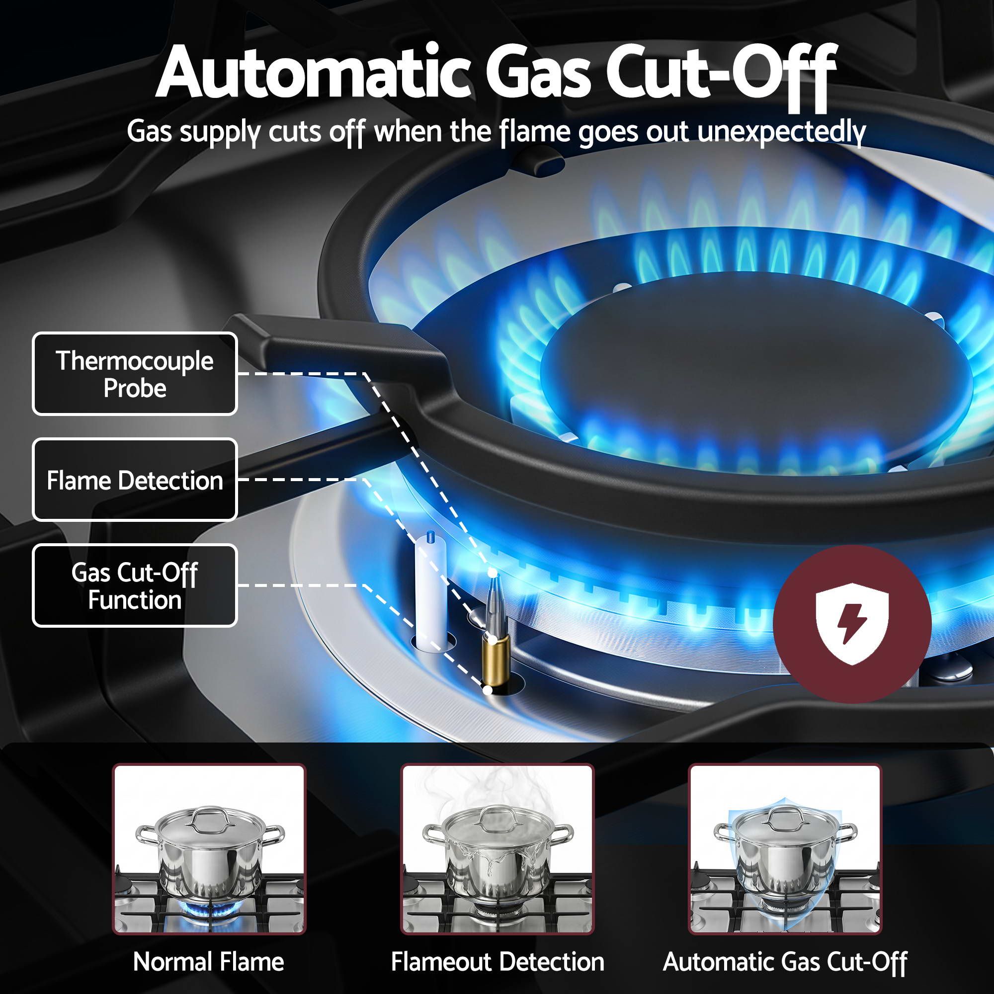 90cm Gas Cooktop 5 Burner – Stainless Steel LPG/NG Triple Crown Silver
