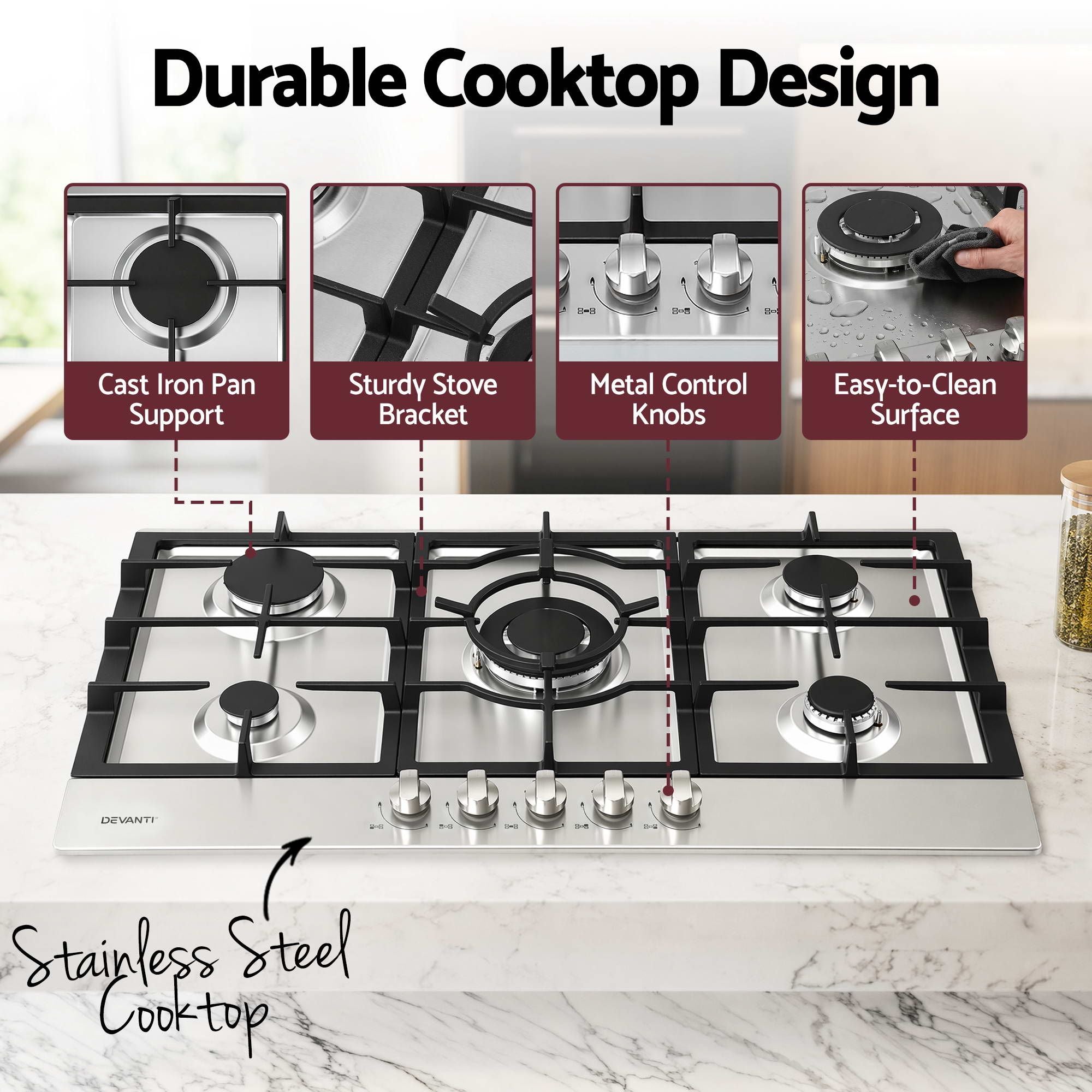 90cm Gas Cooktop 5 Burner – Stainless Steel LPG/NG Triple Crown Silver