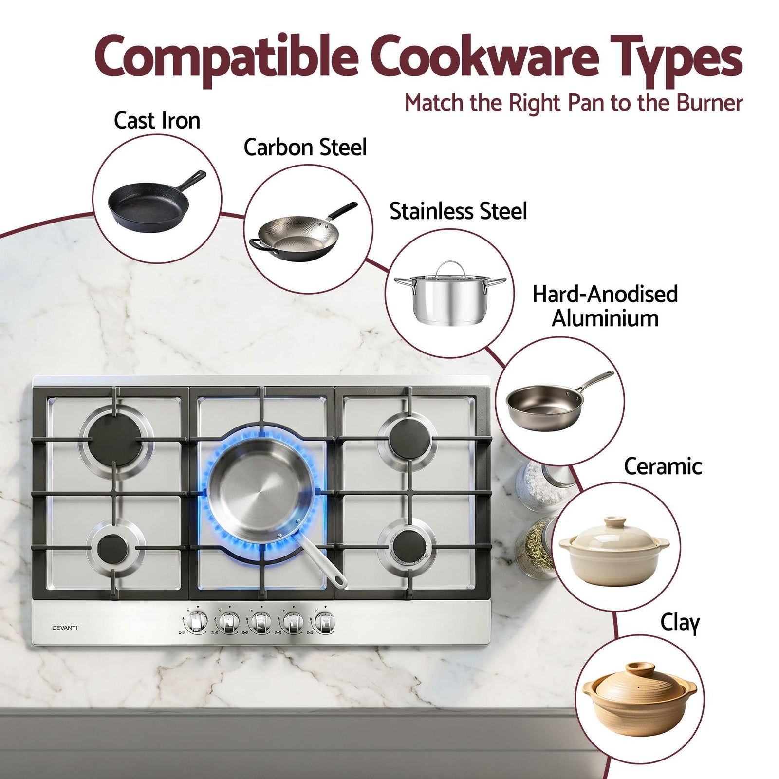 90cm Gas Cooktop 5 Burner – Stainless Steel LPG/NG Triple Crown Silver