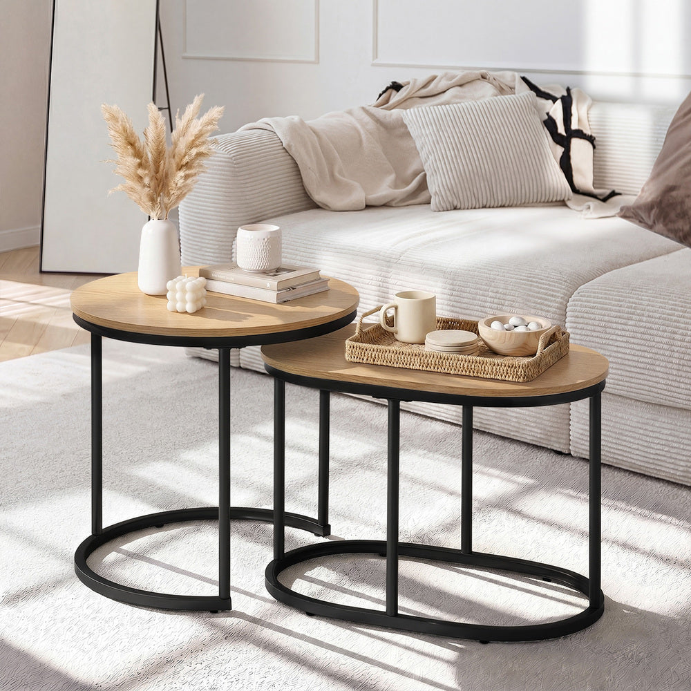 2‑Piece Nesting Coffee Table Set – Black/Natural, Metal Frame, Wood Top