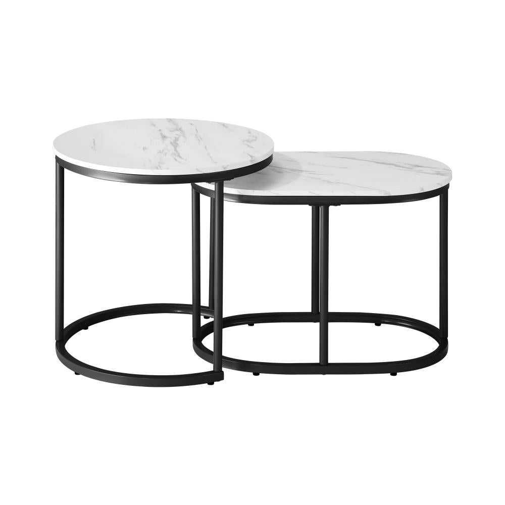 Set of 2 Coffee Table Round Oval Marble Nesting Black