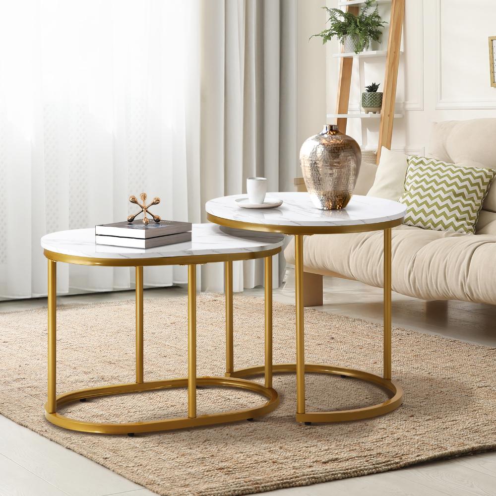 Set of 2 Coffee Table Round Oval Marble Nesting Gold