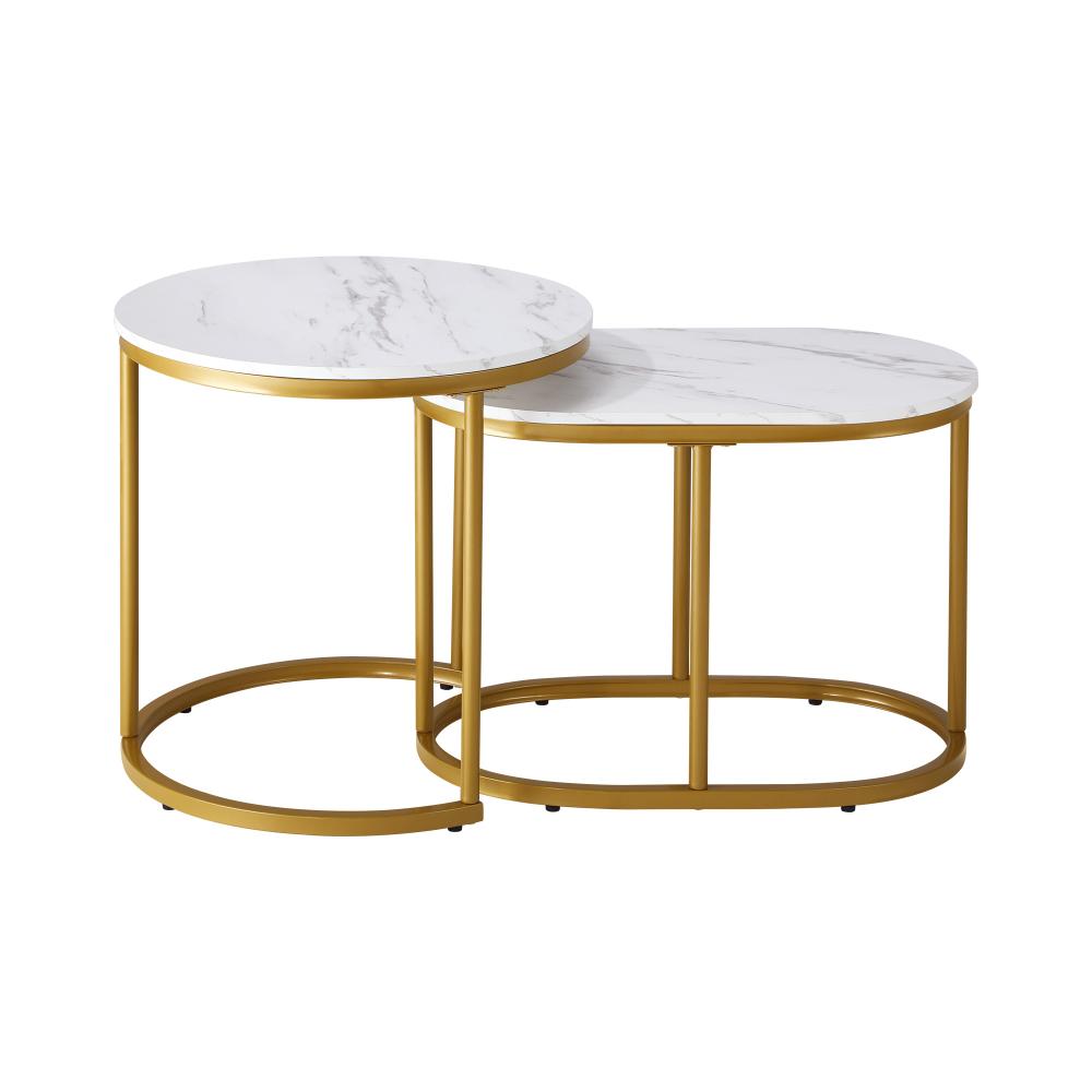 Set of 2 Coffee Table Round Oval Marble Nesting Gold
