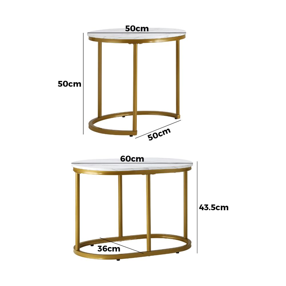 Set of 2 Coffee Table Round Oval Marble Nesting Gold