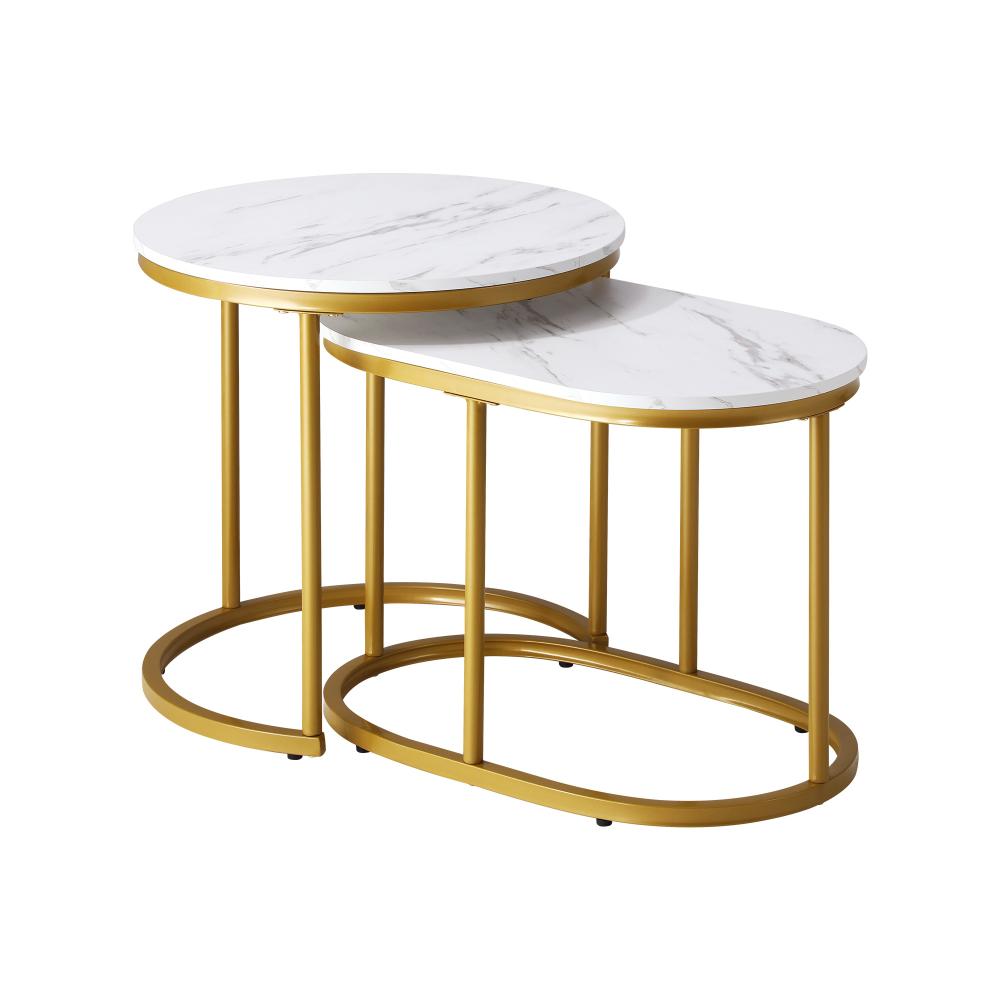 Set of 2 Coffee Table Round Oval Marble Nesting Gold