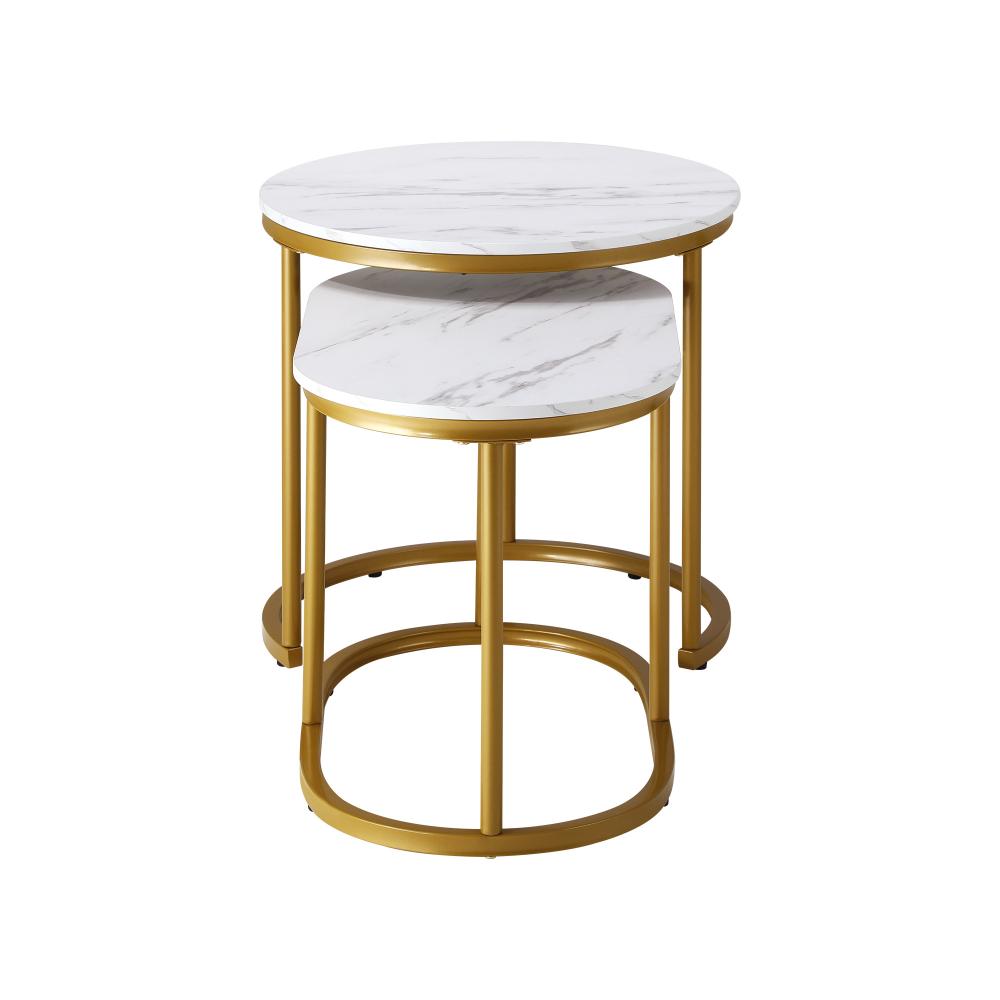 Set of 2 Coffee Table Round Oval Marble Nesting Gold