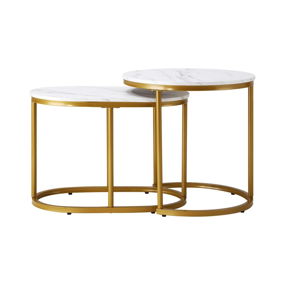 Set of 2 Coffee Table Round Oval Marble Nesting Gold