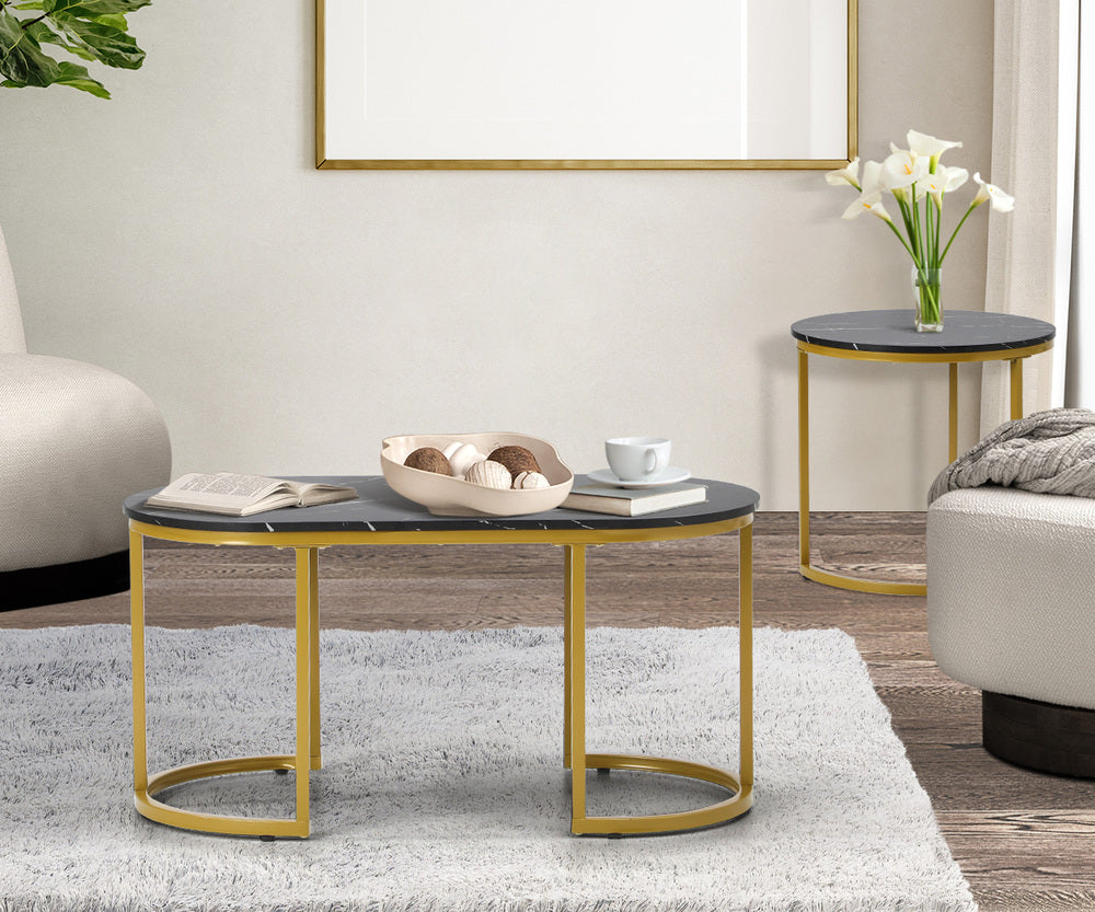 Oikiture Nesting  Coffee Table Set of 2 Marble Effect Gold Black