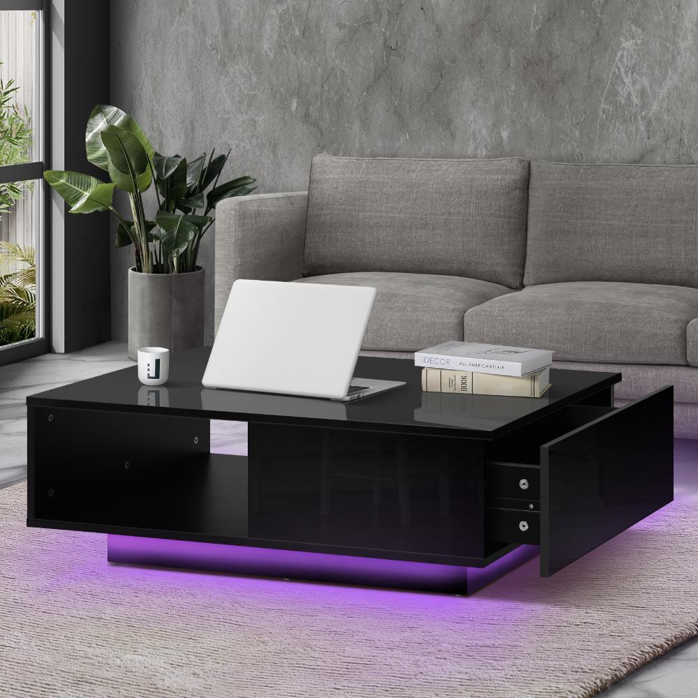 Coffee Table LED High Gloss Storage Drawer Black