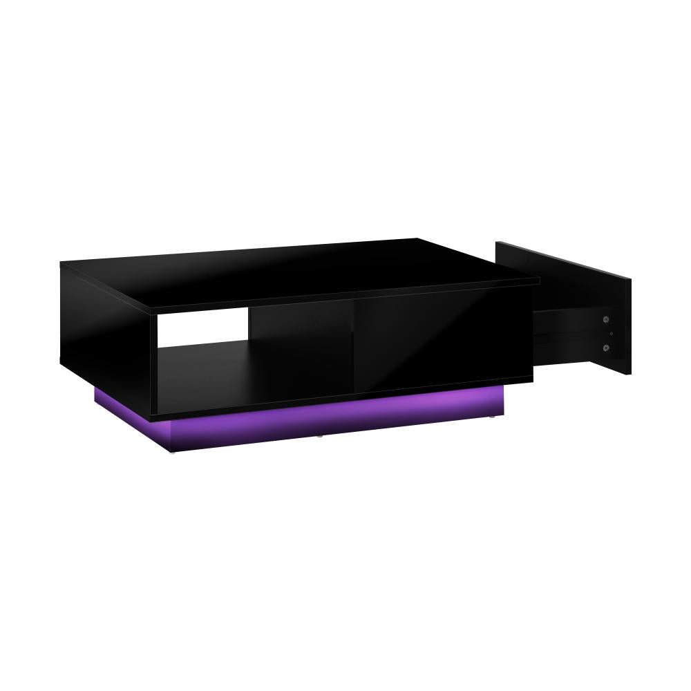 Coffee Table LED High Gloss Storage Drawer Black