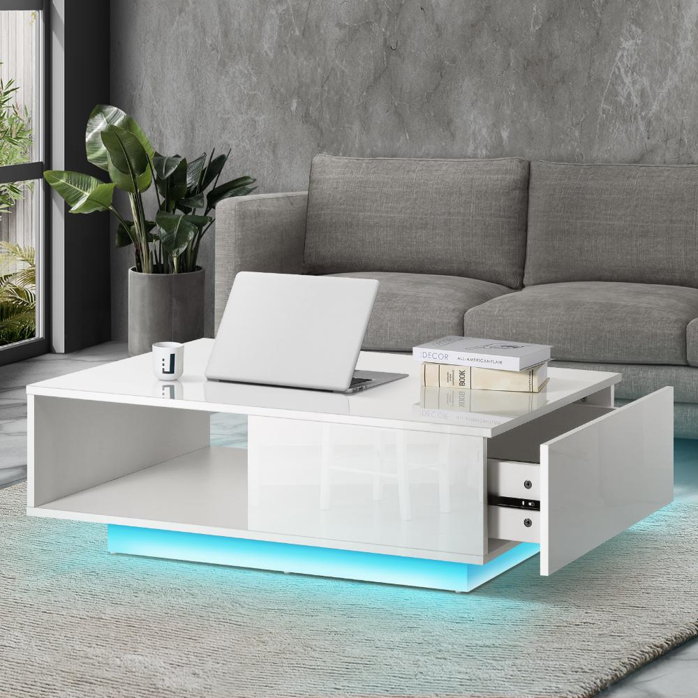 Coffee Table LED High Gloss Storage Drawer White
