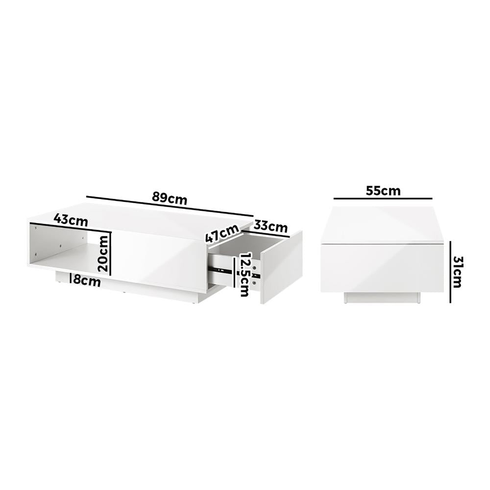 Coffee Table LED High Gloss Storage Drawer White