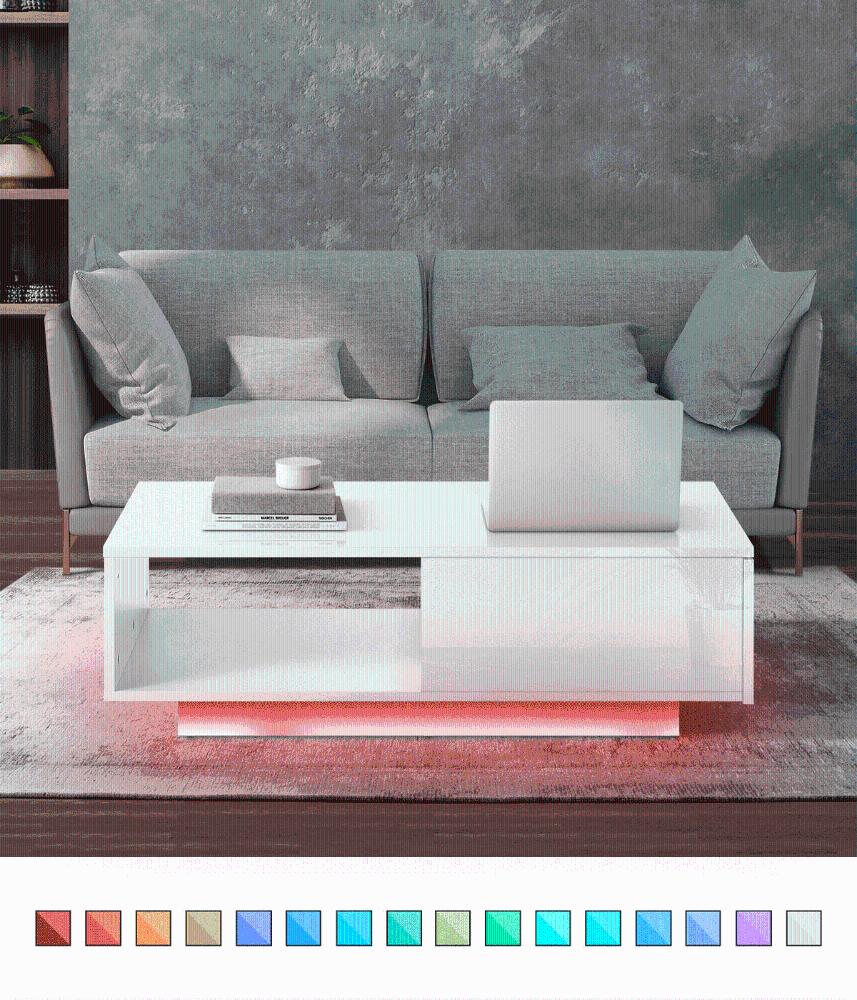 Coffee Table LED High Gloss Storage Drawer White