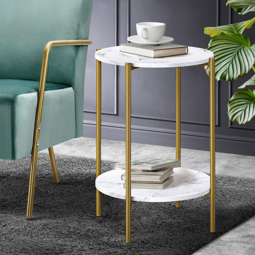 Round Coffee Table 2 Tier Marble Top Metal Gold Frame