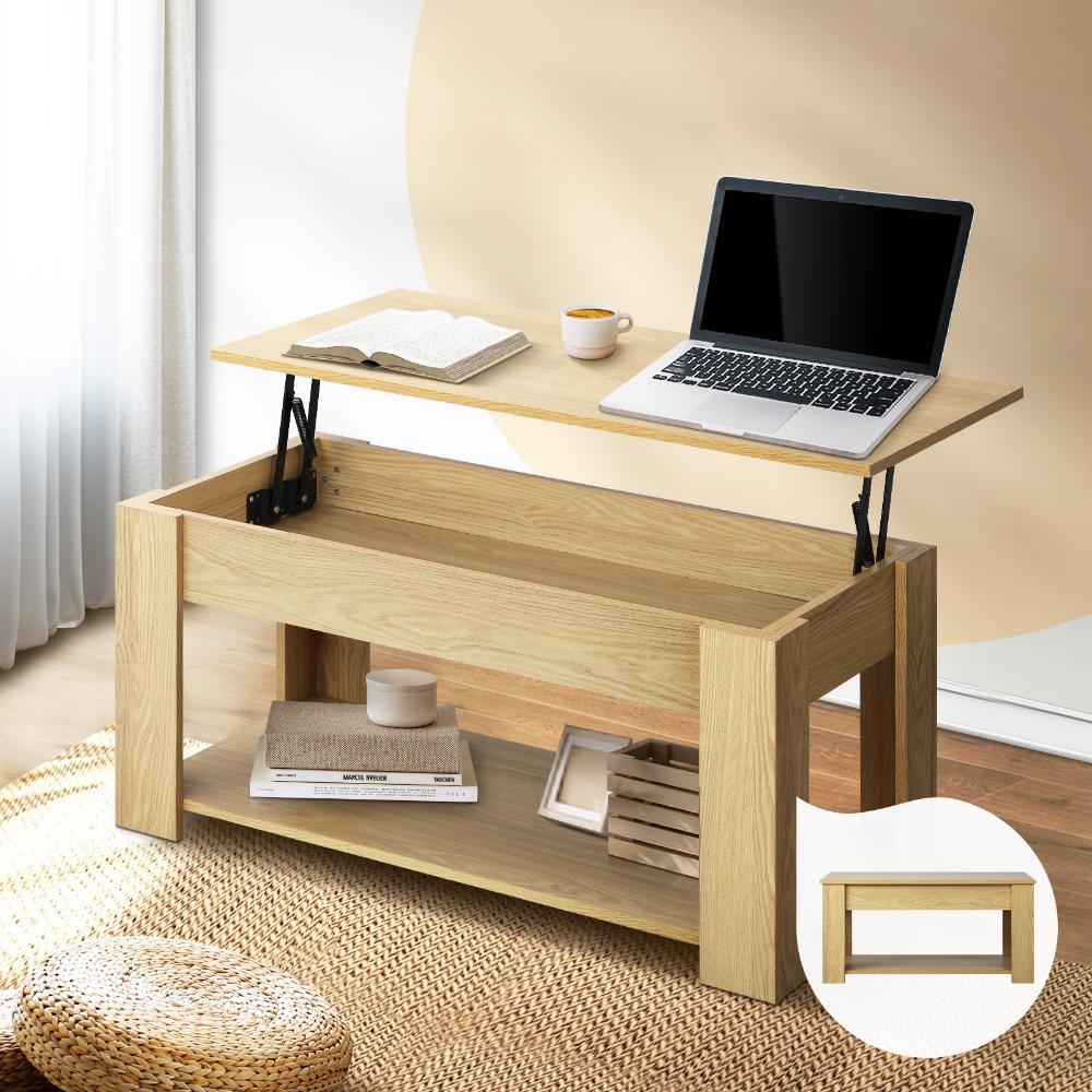 Coffee Table with Lift Up Top Storage Space Wooden Beige