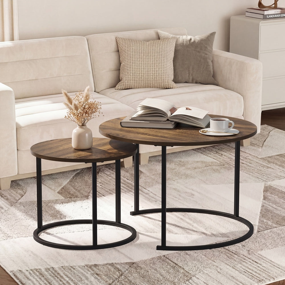 Oikiture Set of 2 Nesting Coffee Table Round Walnut and Black