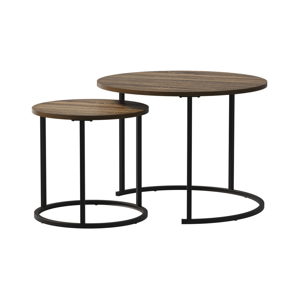 Oikiture Set of 2 Nesting Coffee Table Round Walnut and Black
