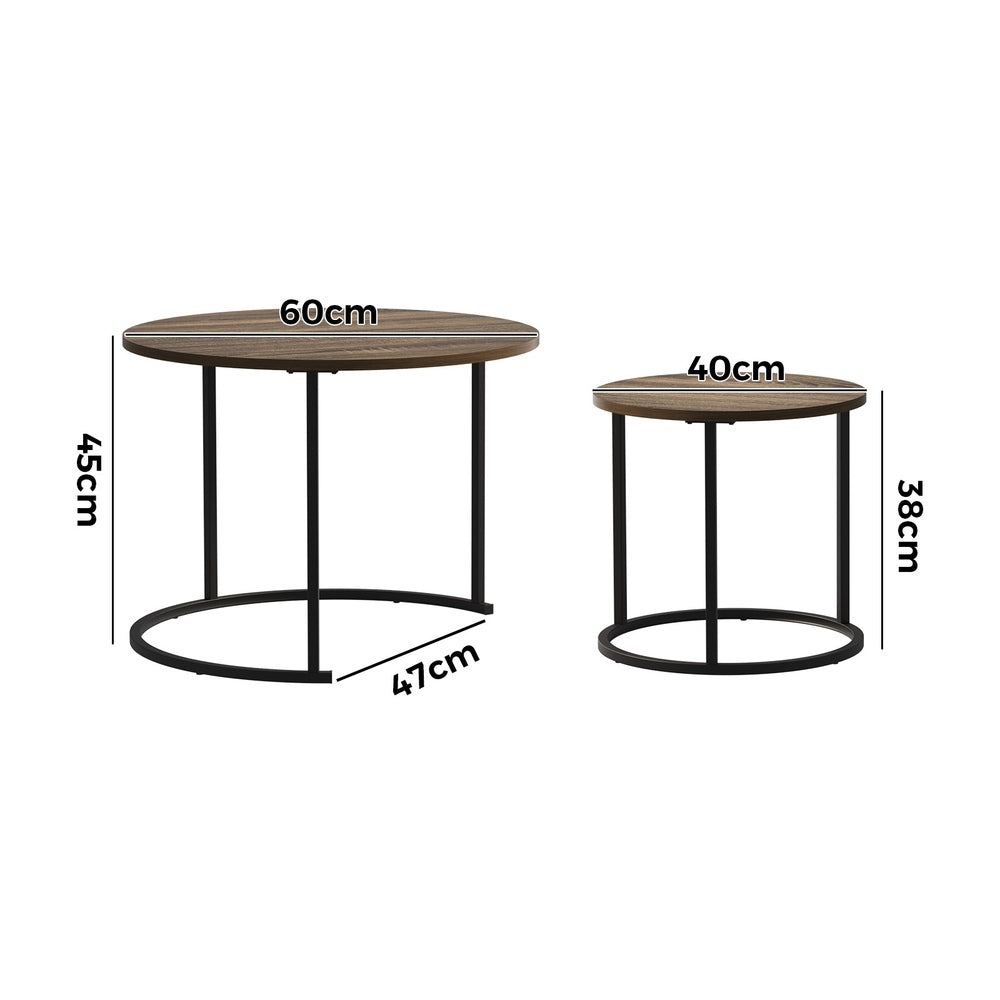 Oikiture Set of 2 Nesting Coffee Table Round Walnut and Black