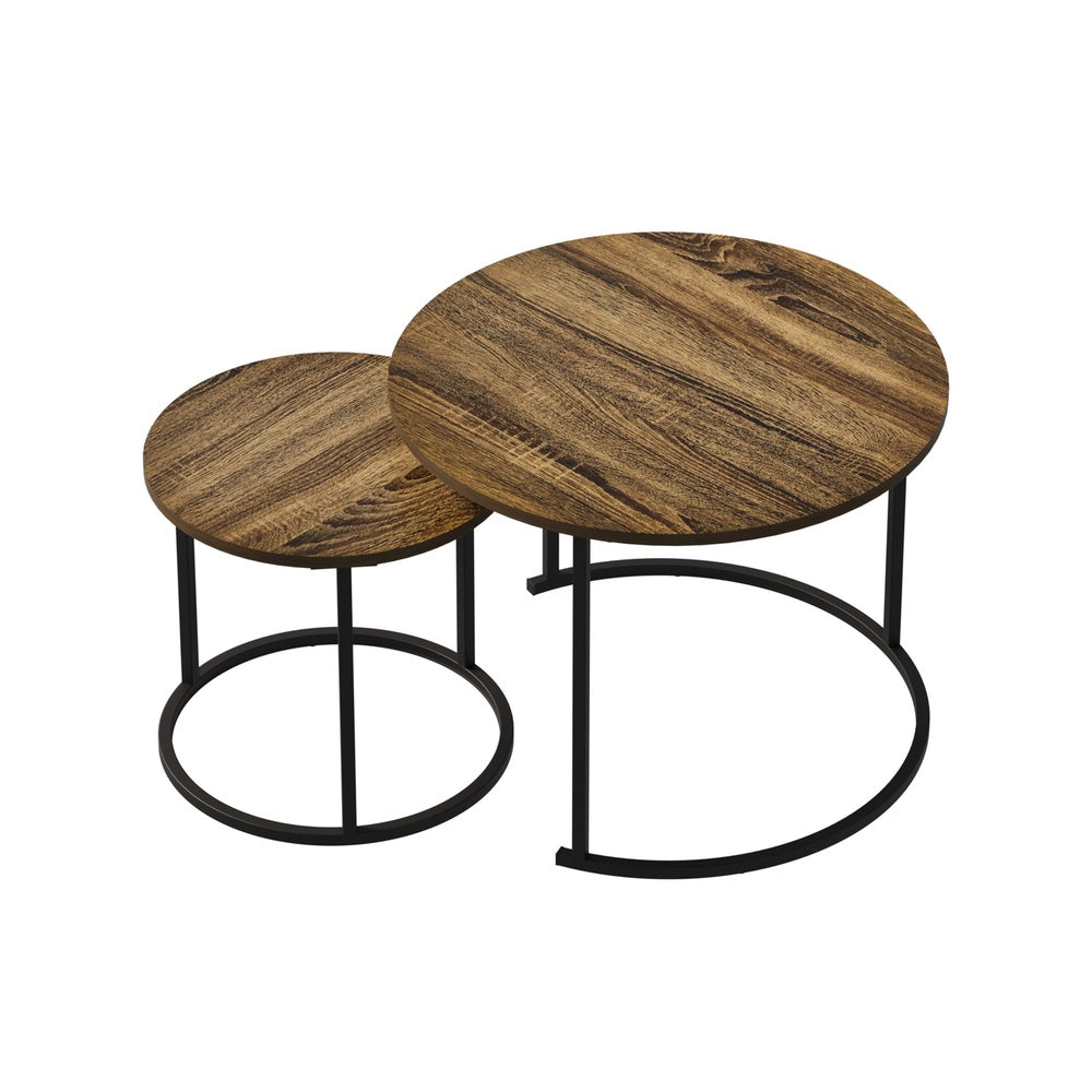 Oikiture Set of 2 Nesting Coffee Table Round Walnut and Black