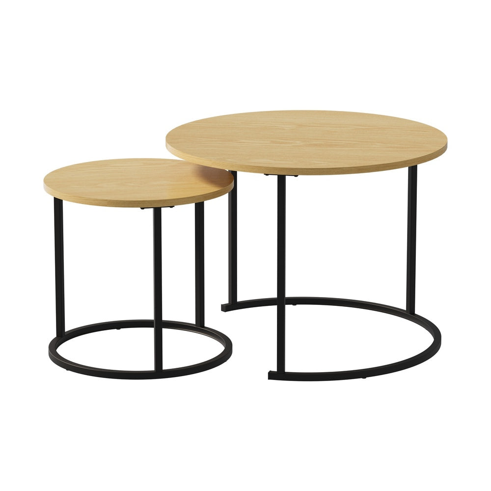Oikiture Set of 2 Nesting Coffee Table Round Natural and Black