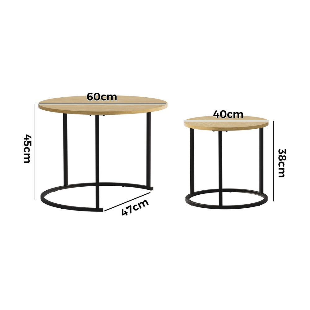 Oikiture Set of 2 Nesting Coffee Table Round Natural and Black