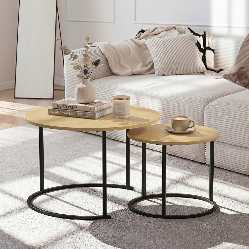 Oikiture Set of 2 Nesting Coffee Table Round Natural and Black