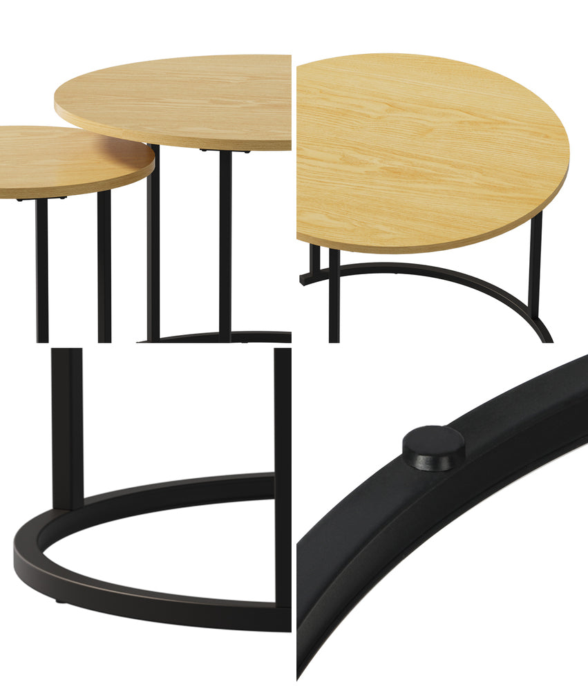 Oikiture Set of 2 Nesting Coffee Table Round Natural and Black