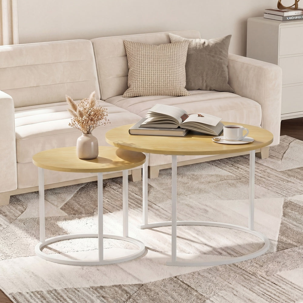 Oikiture Set of 2 Nesting Coffee Table Round Natural and White