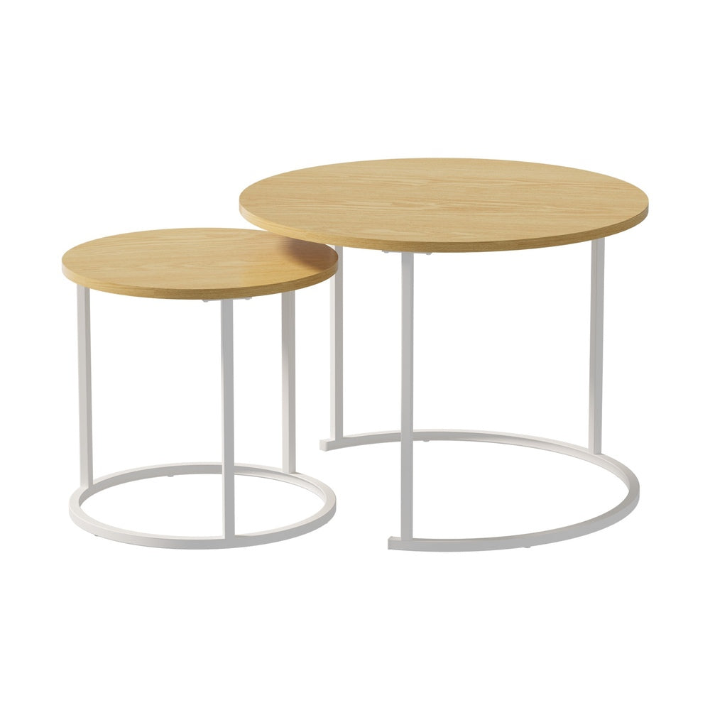 Oikiture Set of 2 Nesting Coffee Table Round Natural and White