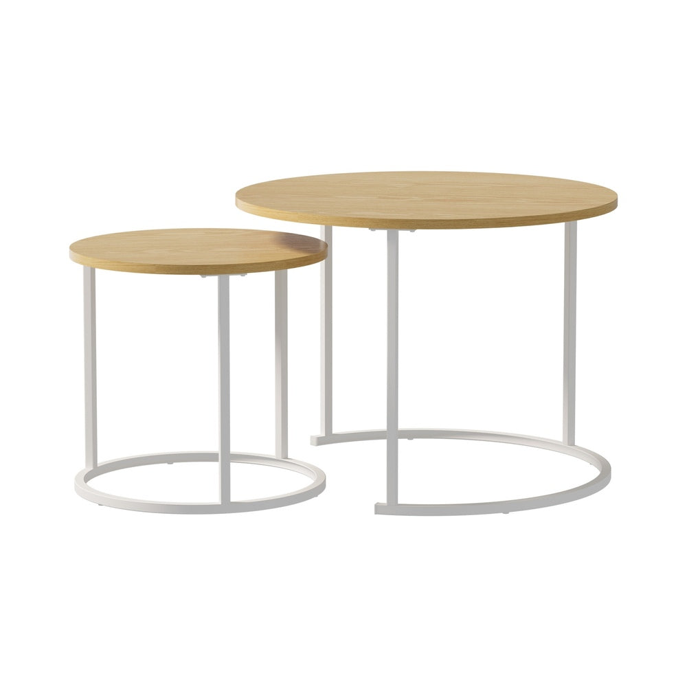 Oikiture Set of 2 Nesting Coffee Table Round Natural and White