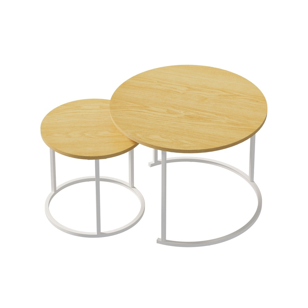 Oikiture Set of 2 Nesting Coffee Table Round Natural and White