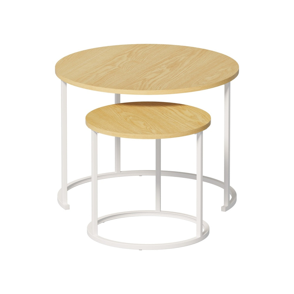 Oikiture Set of 2 Nesting Coffee Table Round Natural and White