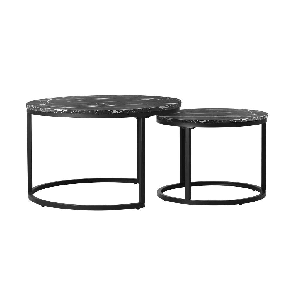 Set of 2 Nesting Coffee Table Round Marble Black