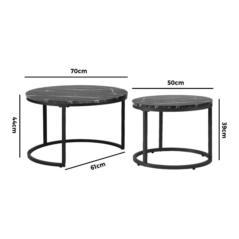 Set of 2 Nesting Coffee Table Round Marble Black