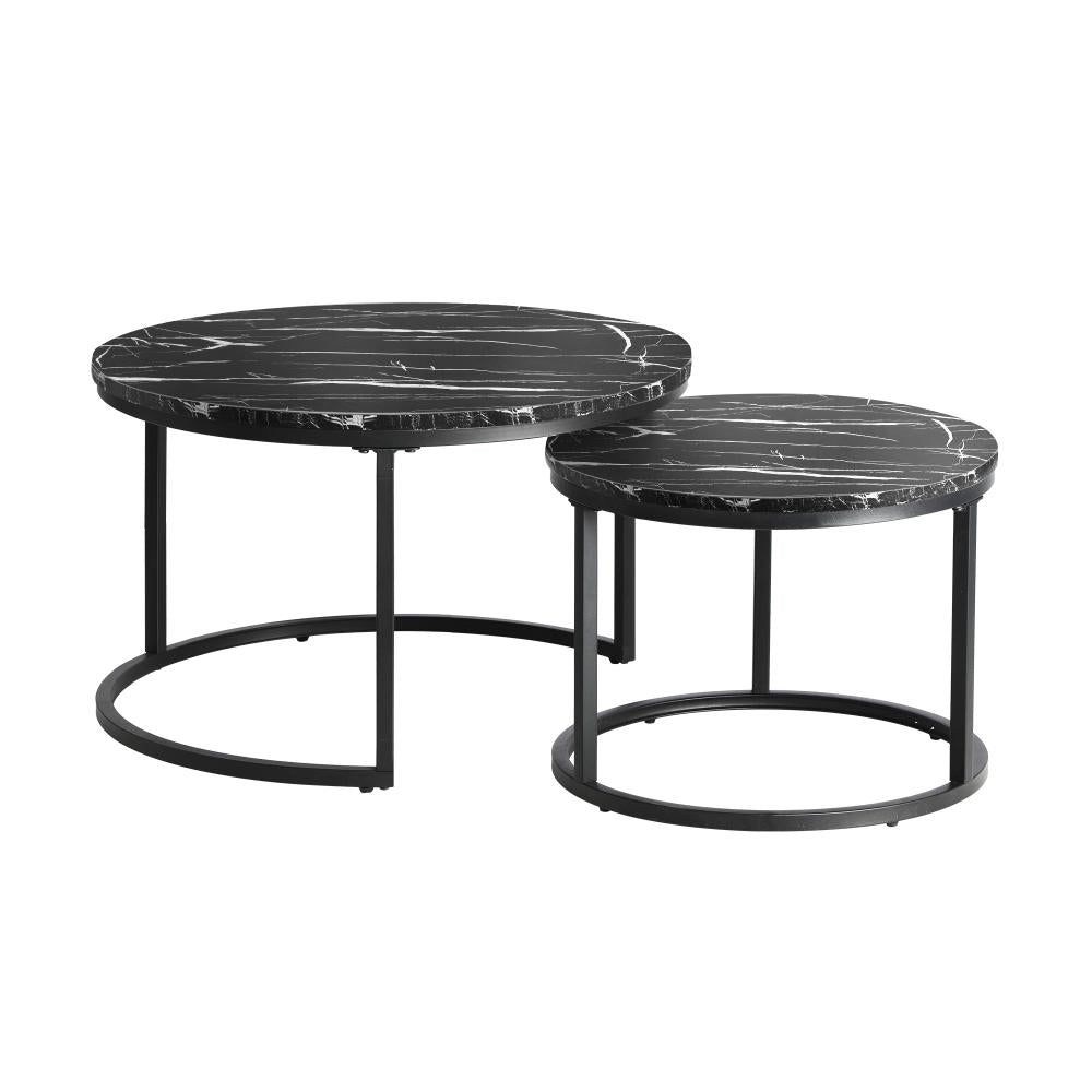 Set of 2 Nesting Coffee Table Round Marble Black