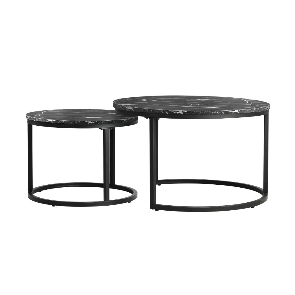 Set of 2 Nesting Coffee Table Round Marble Black