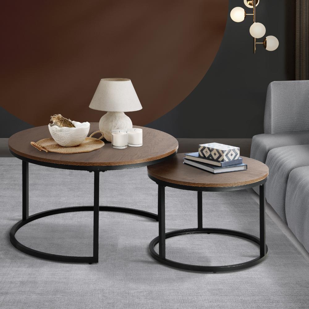 Set of 2 Nesting Coffee Table Round Walnut&Black