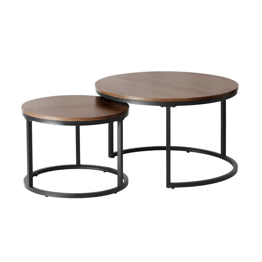 Set of 2 Nesting Coffee Table Round Walnut&Black