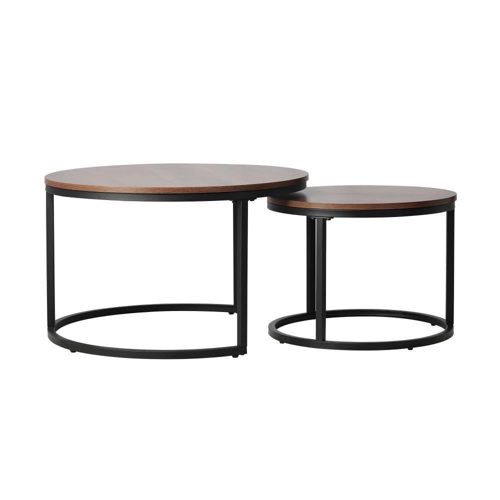 Set of 2 Nesting Coffee Table Round Walnut&Black