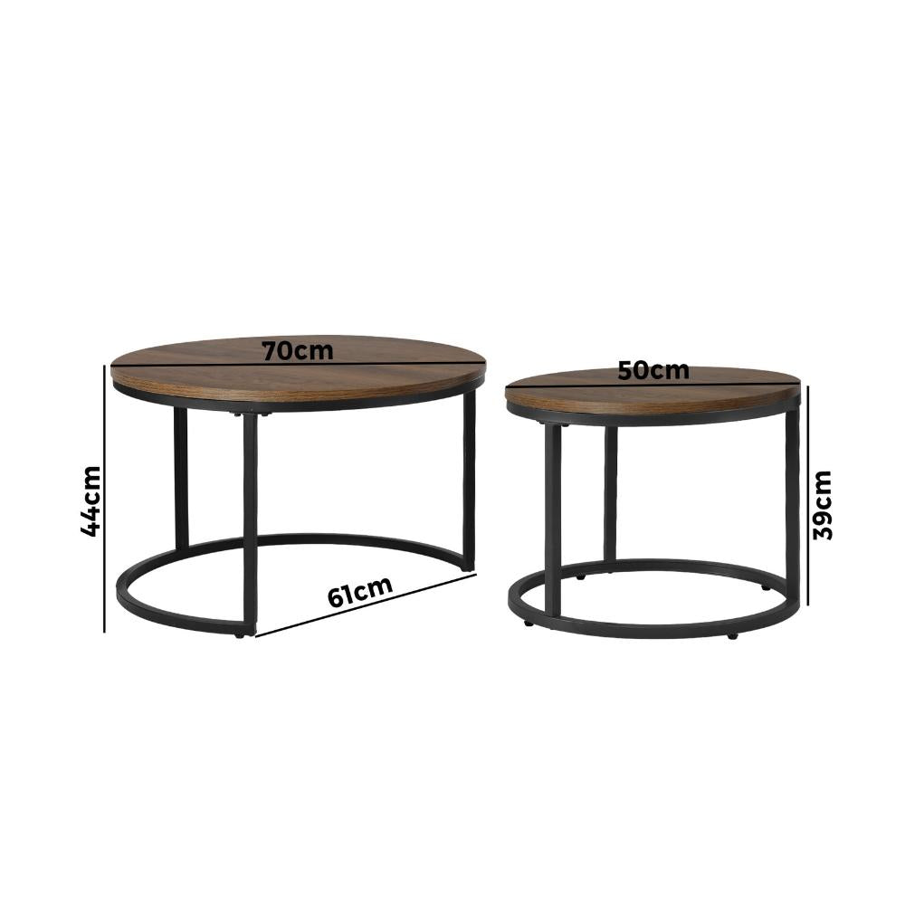 Set of 2 Nesting Coffee Table Round Walnut&Black