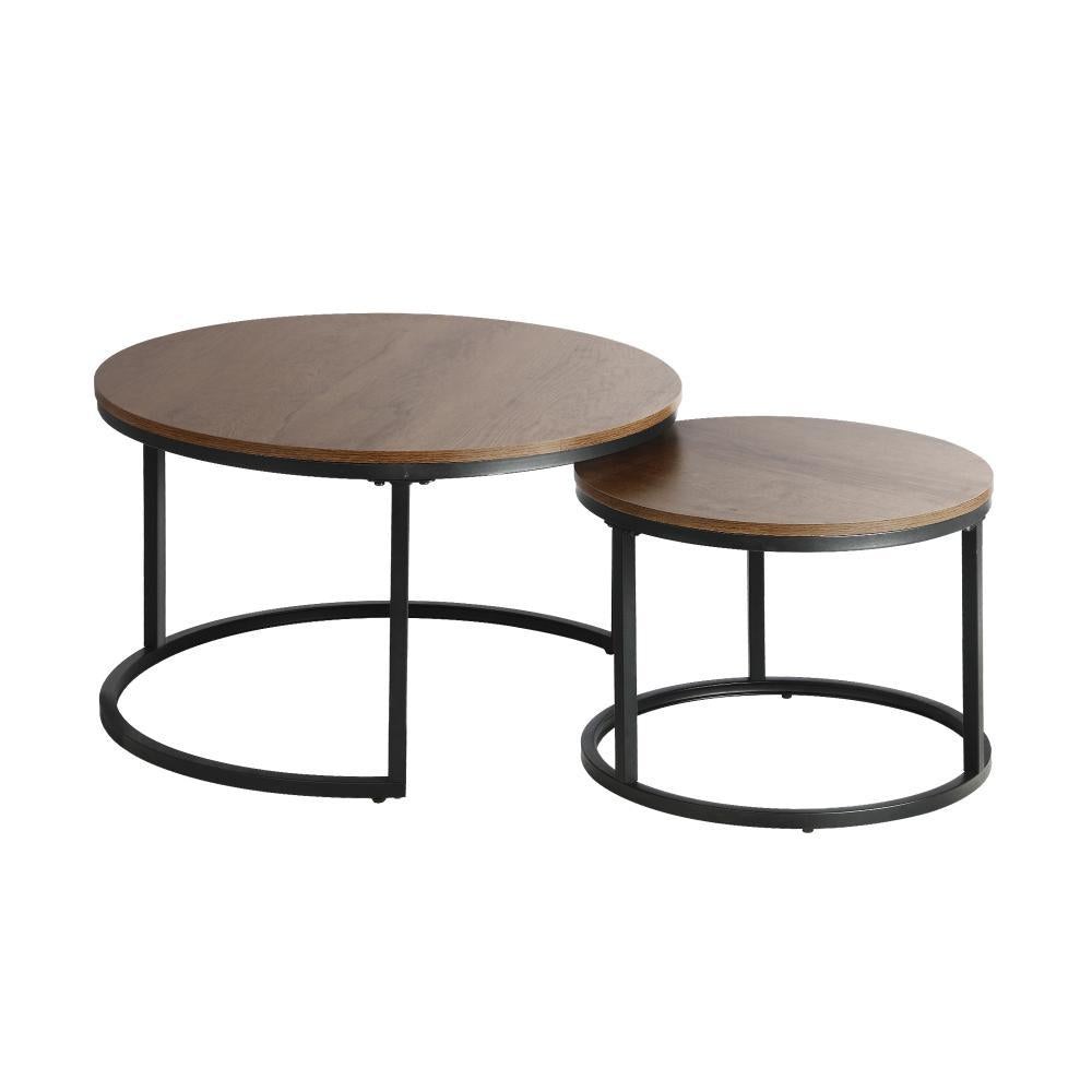 Set of 2 Nesting Coffee Table Round Walnut&Black