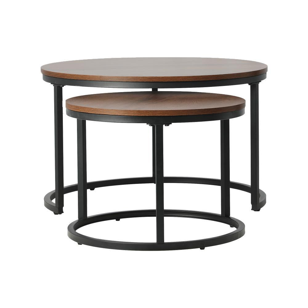 Set of 2 Nesting Coffee Table Round Walnut&Black
